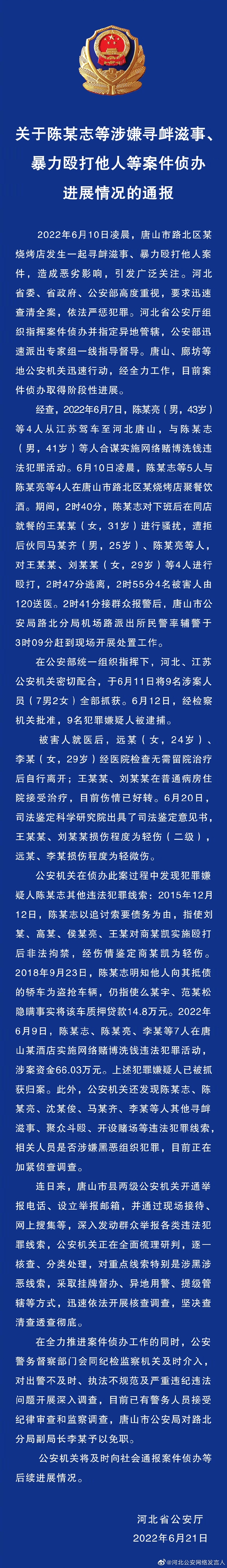 關于陳某志等涉嫌尋釁滋事、暴力毆打他人等案件偵辦進展情況的通報