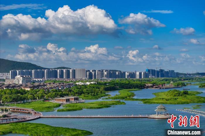 資料圖：航拍蘇州太湖湖濱國家濕地公園，藍天碧水生態美。 泱波 攝