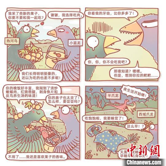 根據(jù)此次熱河鳥研究成果繪制的漫畫(燁子/繪)。　中科院古脊椎所 供圖