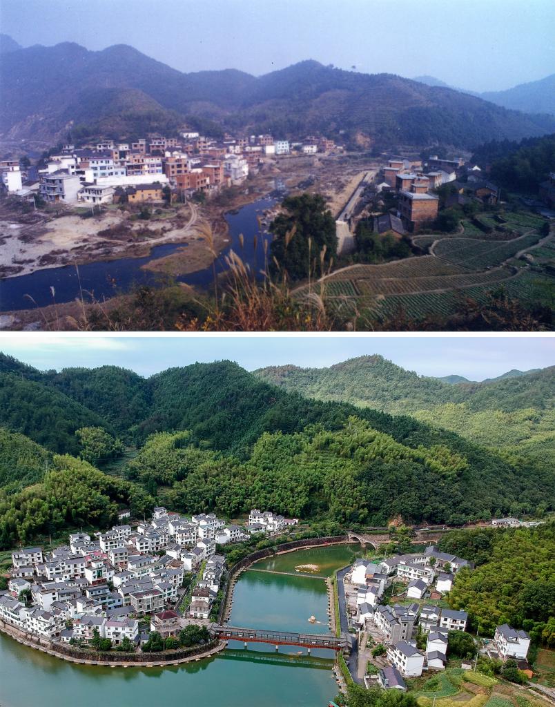 圖為浙江省杭州市淳安縣楓樹嶺鎮下姜村拼版圖，其中上圖為資料照片、下圖由新華社記者張鋮攝。
